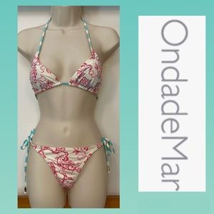 NWOT Ondade Mar Red+Turquoise Print Bikini w/Subtle Sequin Detail (TopXS; Bot L)